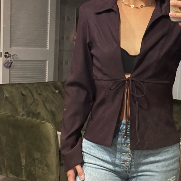 Purple front tie blazer long sleeve top - Picture 1 of 4